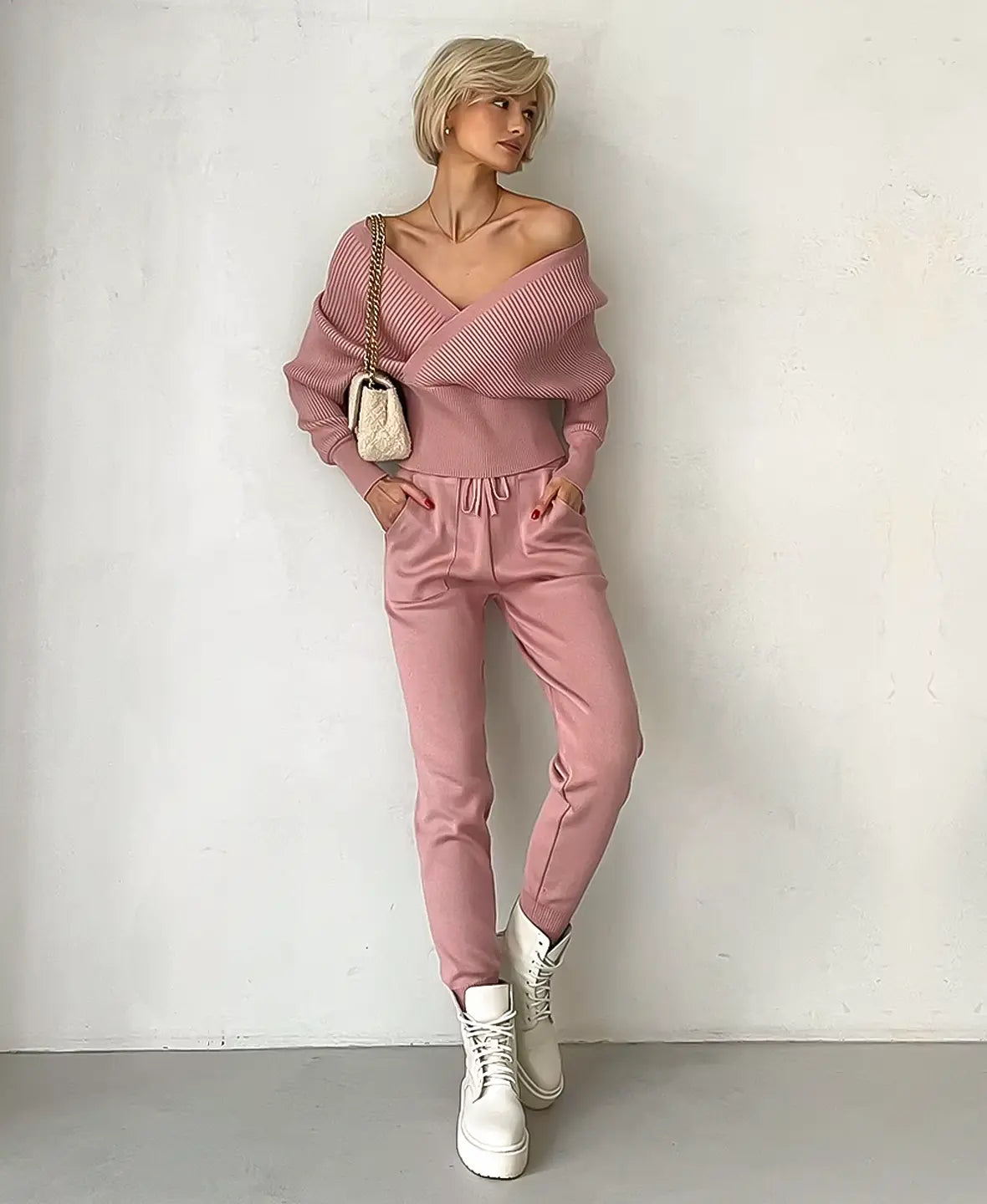Ribbed Off-Shoulder Knitwear Set